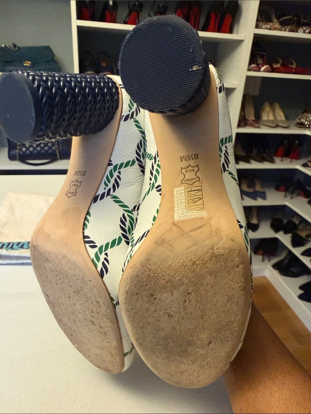 Tory Burch Maritime Nautical Rope-Print Pumps with Green & Black Bow Accent